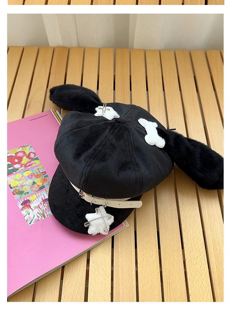 Original Niche Cute Rabbit Ears Plush Berets Cap Y2k Autumn and Winter Travel Personality Versatile Sweet Octagonal Hats Women