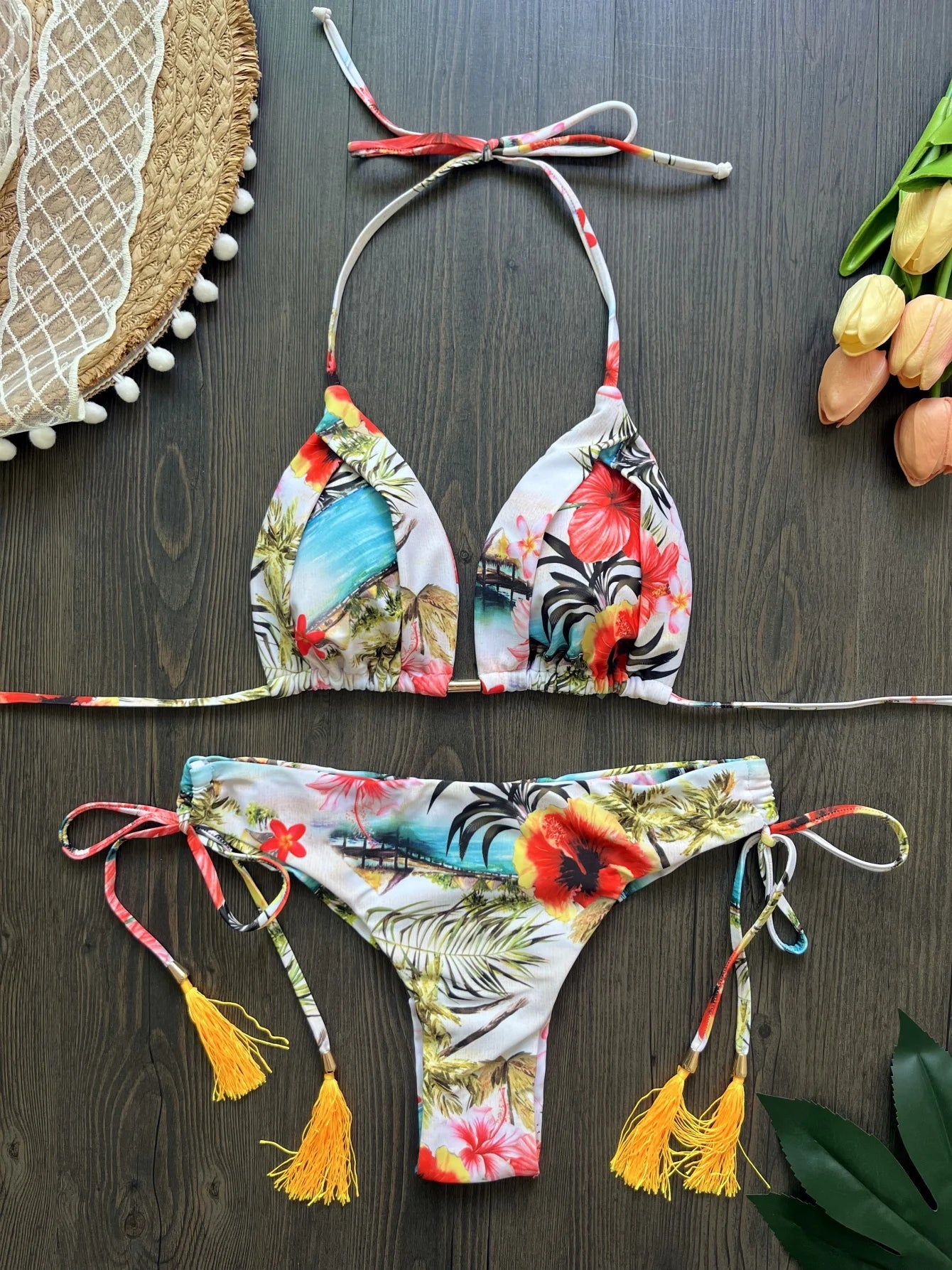 RUOTONSEPT New Sexy Botany Print Bikinis Set Women's Swimsuit Two-piece Triangle Halter Swimwear Bathing Suit Brazilian Biquinis