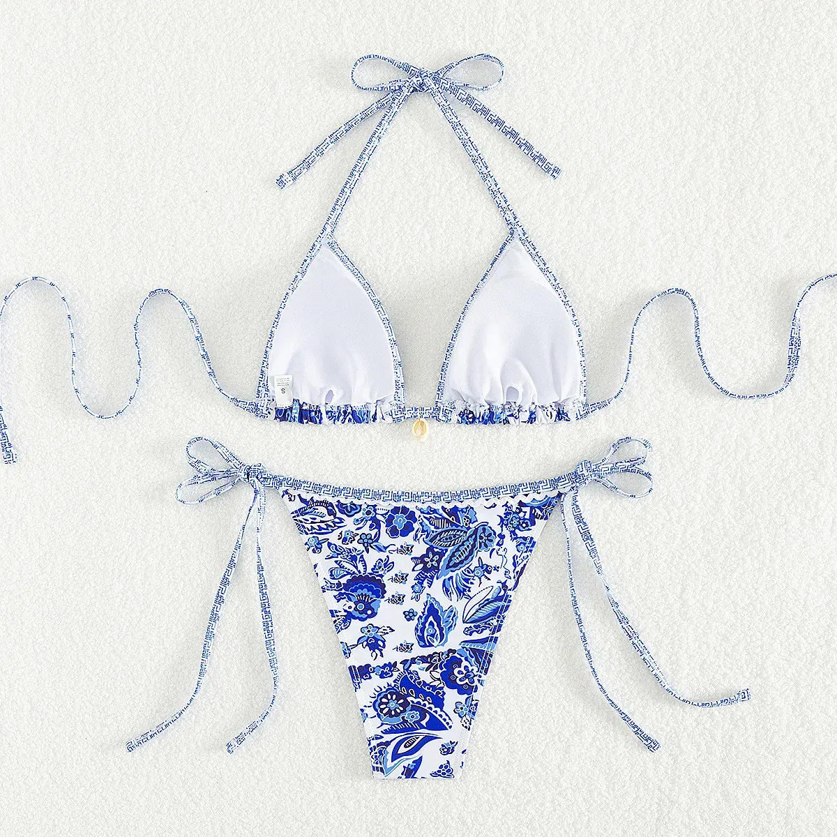 Vintage Blue Floral Print Swimwear Halter String Triangle 3 Piece Bikini Set Cover Ups Sexy Swimsuit Women 2025 Bikinis De Muejr