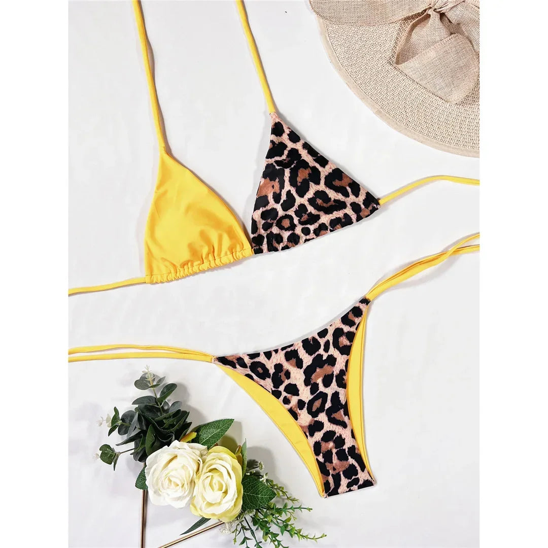 Halter Splicing Leopard Bikinis 2025 Satin Bikini Female Swimsuit Women Swimwear Two-pieces Bikini Set Micro Bathing Suit Swim