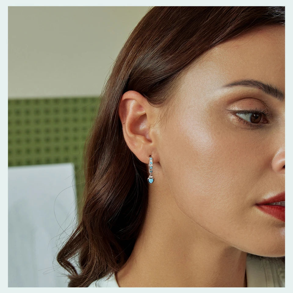 WOSTU 925 Sterling Silver Blue Heart-shaped Turquoise Hoop Earrings For Women Shiny CZ Drop Dangle Earrings Pendientes Jewelry