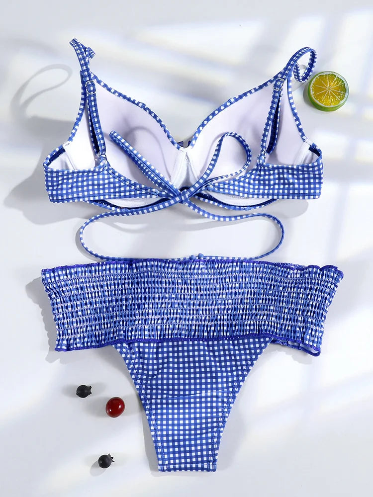 Miyouj Bow Bikinis 2024 Biquin Pleated Swimsuit Women Plaid Print Bikini Set Sexy Swimwear Push Up Beachwear Low Waist Bath Suit