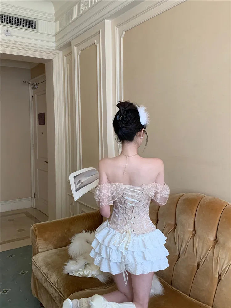 Palace Style Black Fashion Two Piece Sets Women Off Shoulder Lace Up Corset Shirt&Mini Cake Skirt 2025 New Summer 2 Piece Sets