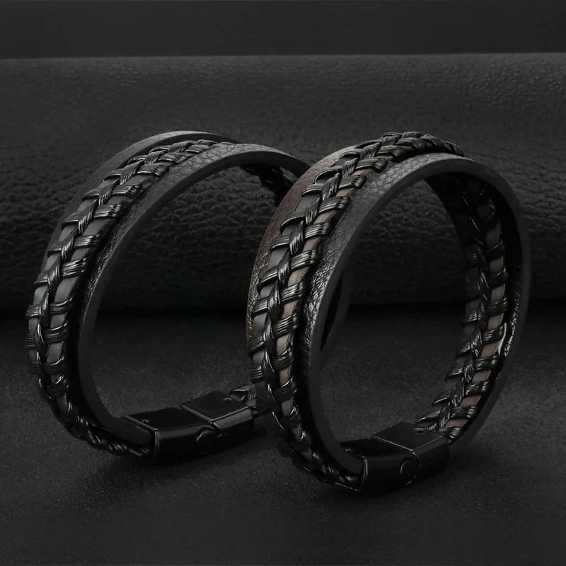 Vintage Genuine Leather Bracelet for Men Handmade Woven Bracelet Magnetic Clasp Wrap Bracelet Homme Hand Jewelry Accessories New