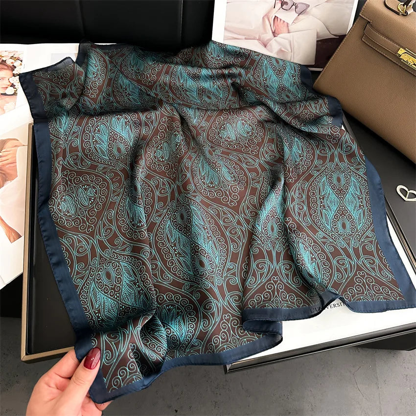 Imitated Silk Headcloth Fashion Flower Print Square Shawls Popular 70X70cm Bandanna Kerchief Sun Protection Silk Scarves Tie Bag