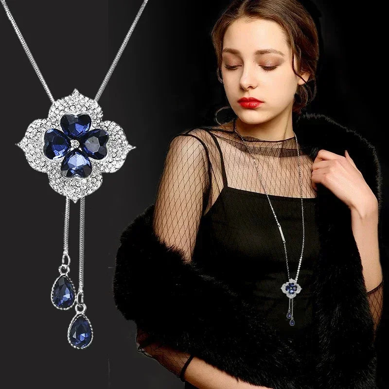 2024 Flower Long Necklaces for Women Fashion Crystal Choker Collier Femme Statement Necklaces&Pendants Accessories