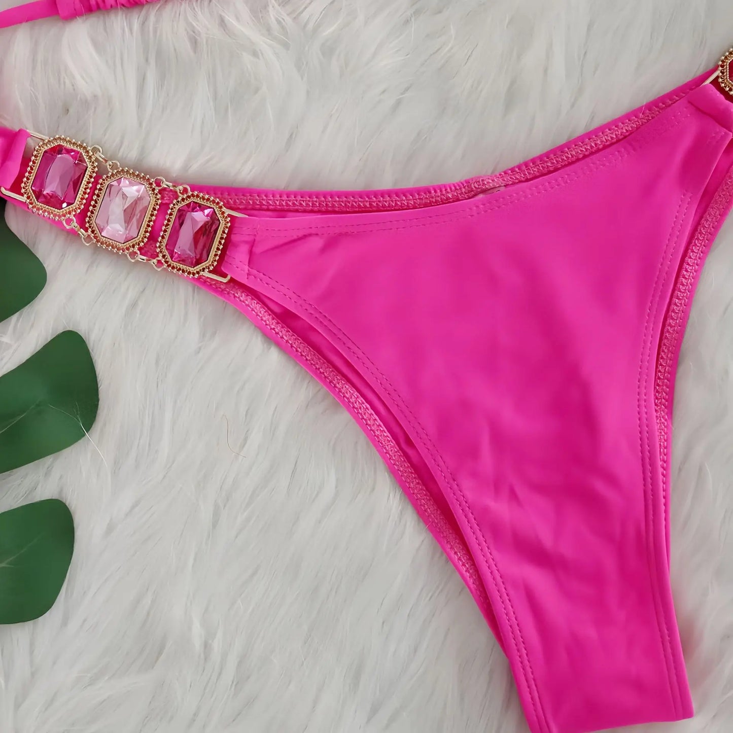 Sexy Rhinestone Bikini Set Women 2025 Luxury Pink Crystal Diamond Push Up Bandage Thong Swimsuit Beach Bathing Suit Swimwear