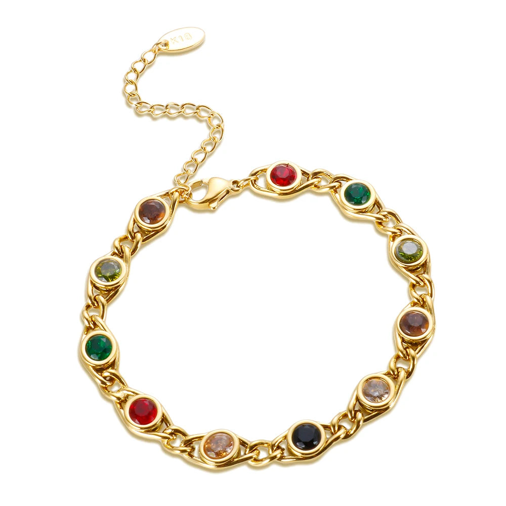 JINHUI Colorful Bejeweled Bangle Popularity TS Stainless Steel Bracelets for Women 12 Birthstones Rainbow Crystal Chain Jewelry