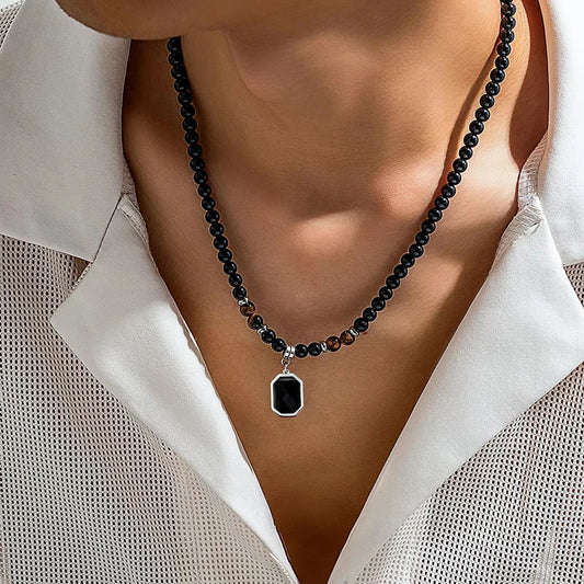 Black Beads with Square Pendant Necklace for Men Trendy Accessories on the Neck Collar 2025 Fashion Jewelry Male Gift Decoration