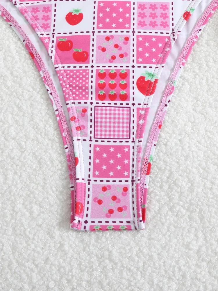 Bikini Women Swimsuit 2025 New Print Halter Bikinis Set Sexy Thong Swimwear Summer Two Piece Backless Beach Bathing Suit Female