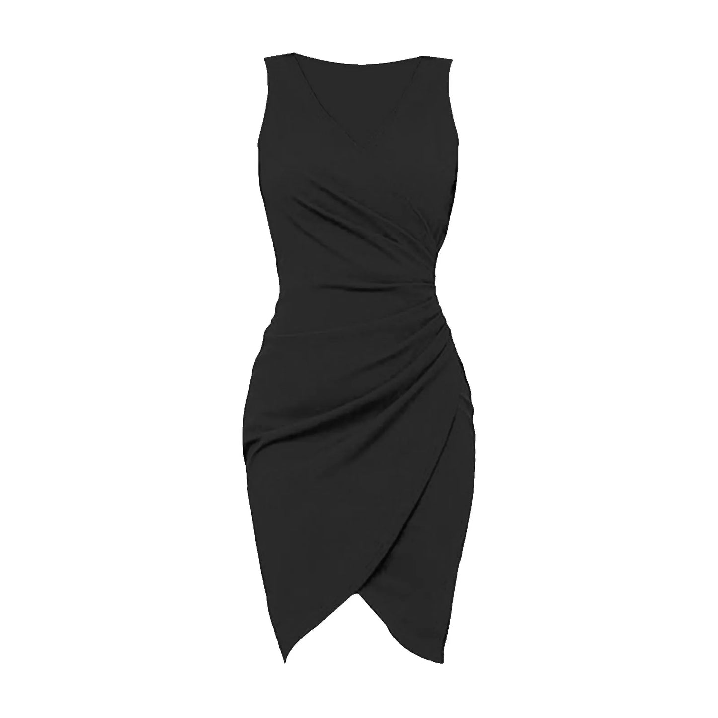 Summer Sexy Solid Sleeveless V-Neck Women Dress Hip Slim Fit Ruched Bodycon Skirt Fashion Simple Ladies Evening Party Dress