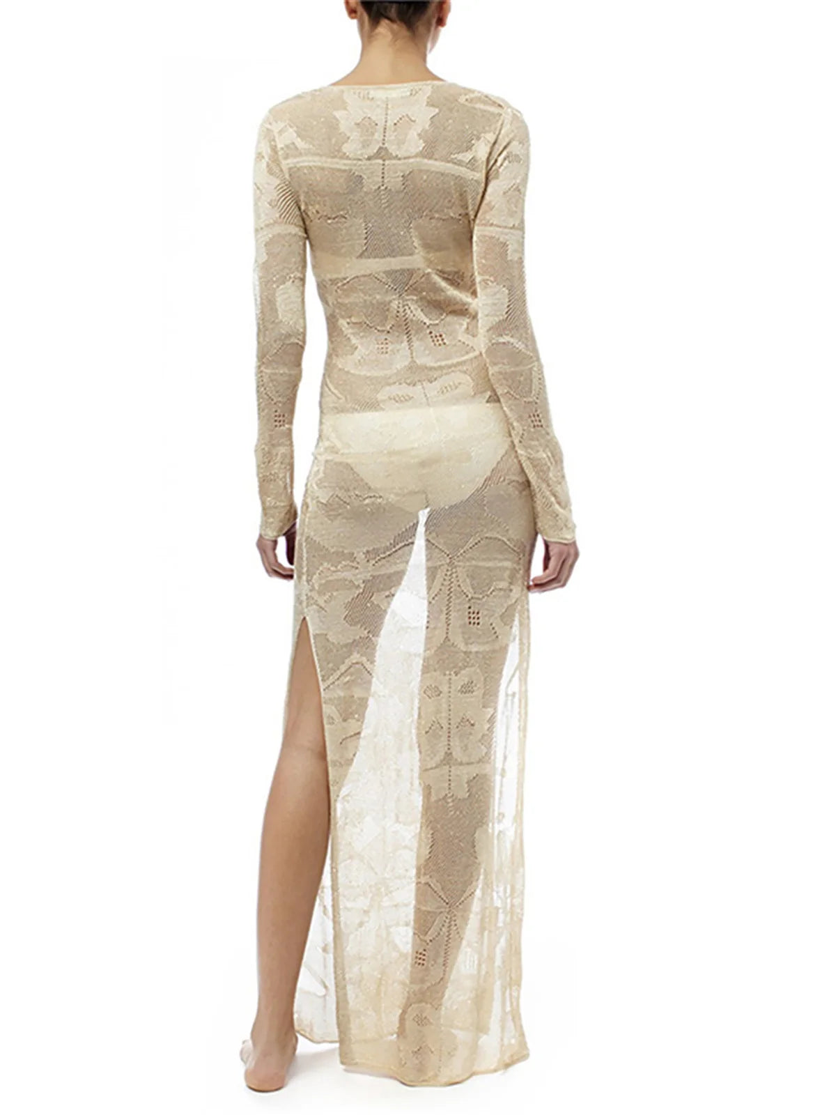 Deep V Dress Lace Up Long Sleeve Women Split Maxi Dress Crochet Knitted Tunic Mesh Sheer Sexy Bodycon Long Dress Vestido V4146B