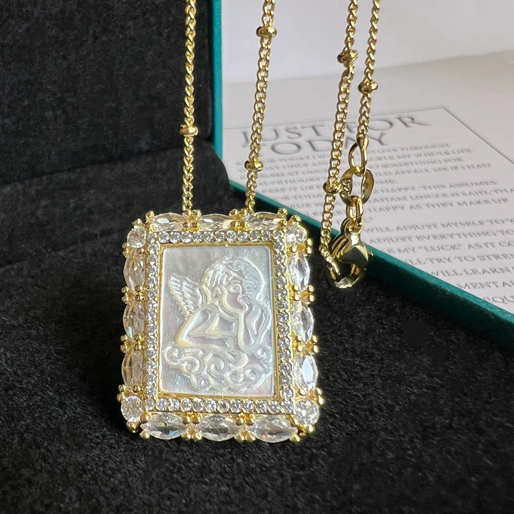 Natural Mother Pearl Shell Virgin Mary Guadalupe San Benito Charm Necklace Rectangle Religious Medals Necklace for Women & Gift