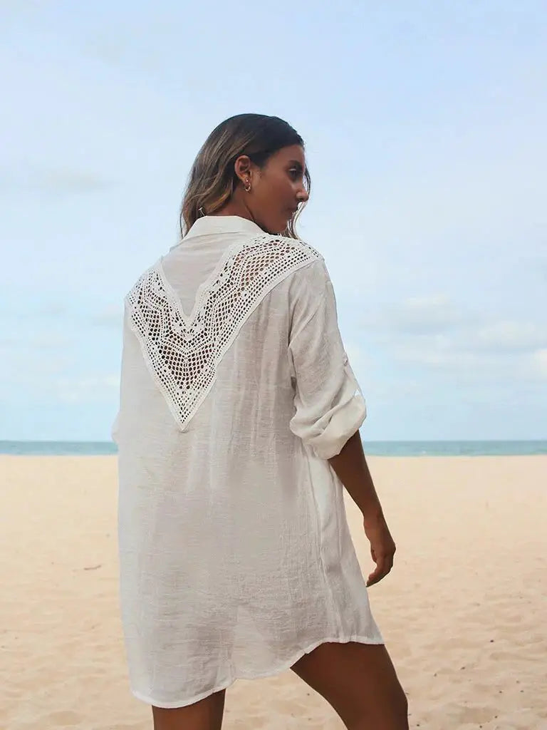 2024 Crochet White Knitted Beach Cover Up Dress Tunic Long Pareos Bikinis Cover Ups Swim Cover Up Robe Plage Beachwear