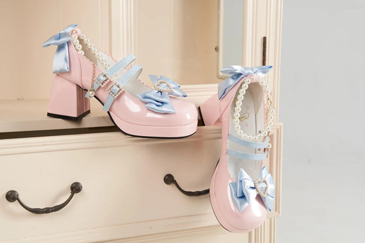 Lolita Shoes New Japanese Cute Round Head Pearl Bow Clips Leather Shoes Pumps Women Mary Jane Shoes High Heels Girls