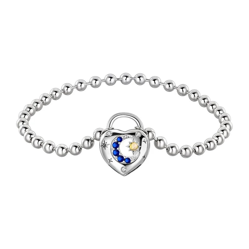 Original 17-20CM 925 Sterling Silver Heart Shaped Lock Star Moon Bracelet For Women Fine Anniversary Jewelry