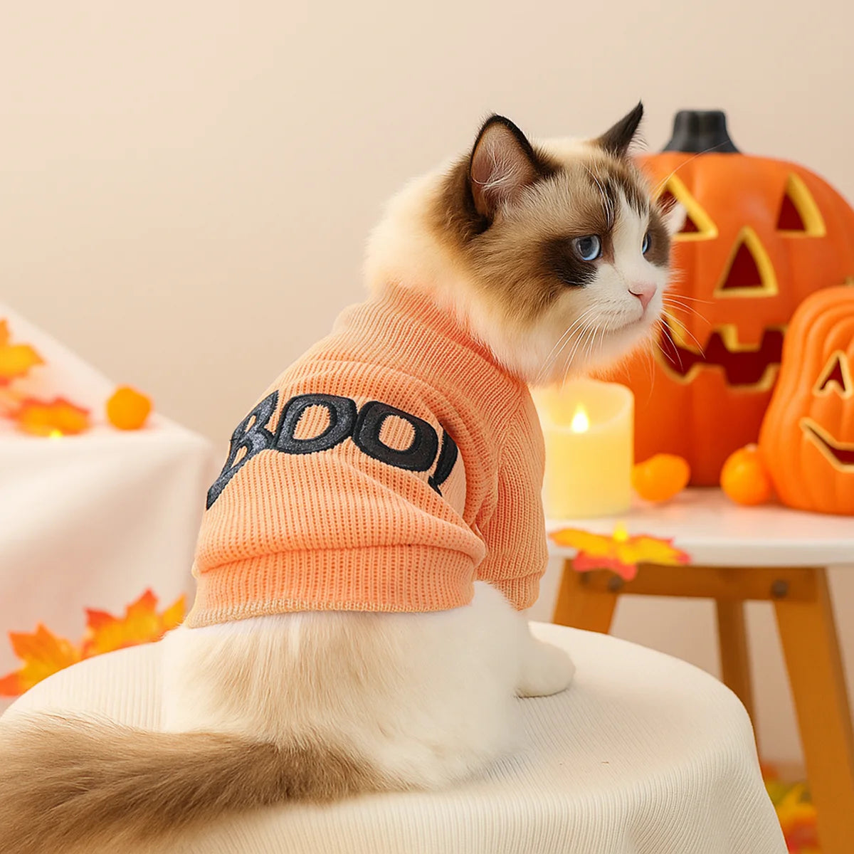 1PC Halloween Crew Neck Orange Pet Clothes Dog Crew Neck Pullover Sweater "BOO!" Cute Fun Party Trick or Treat