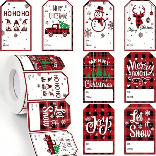 100PCS Christmas Gift Tags Stickers Roll - Buffalo Plaid Xmas Labels for Presents Wrapping, Christmas Decorations & DIY Crafts