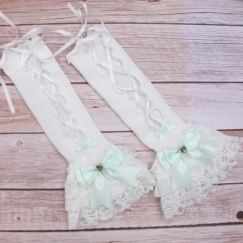 Handmade Sweet Women's Lolita Mine Lace Bow Rhinestone Oversleeves Girls Japanese Style Lace Sleeves Mittens