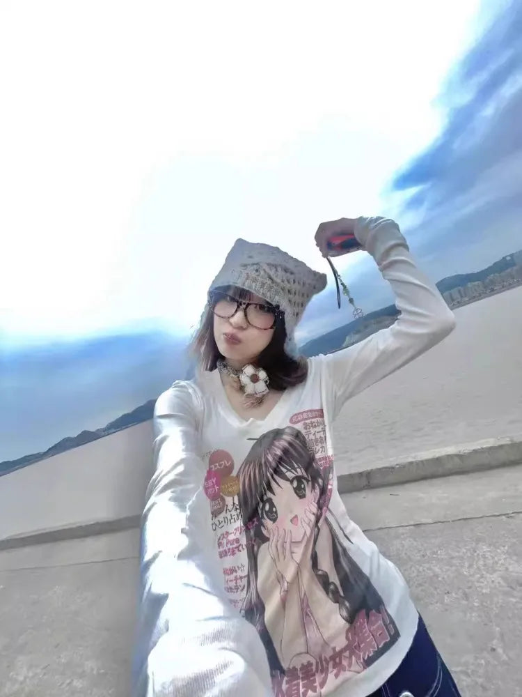 Cute T Shirt Women's Clothing Long Sleeve Slim Waist Anime Tees Y2k Tops 2025 Ropa Mujer Casual Fashion Japanese T-shirts 63c405