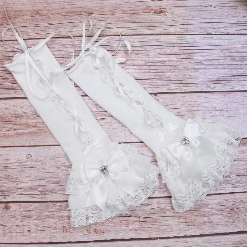 Handmade Sweet Women's Lolita Mine Lace Bow Rhinestone Oversleeves Girls Japanese Style Lace Sleeves Mittens