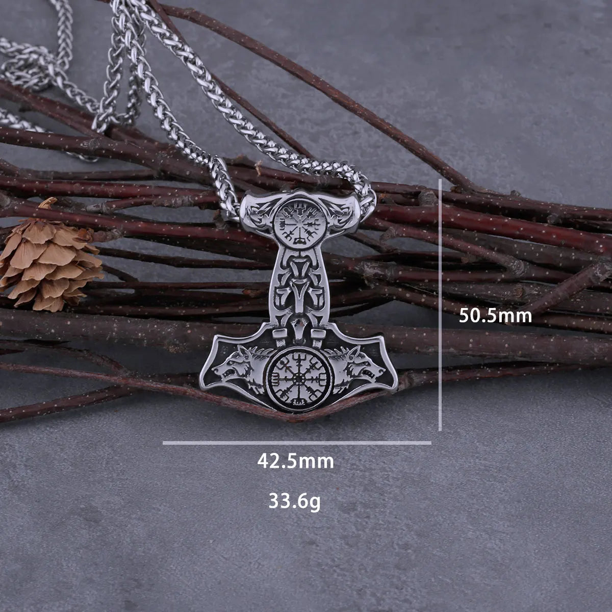 Stainless Steel Viking Thor's Hammer Mjolnir Wolf Head and Road Sign Compass Necklace Men's Norway Amulet Pendant Viking Jewelry