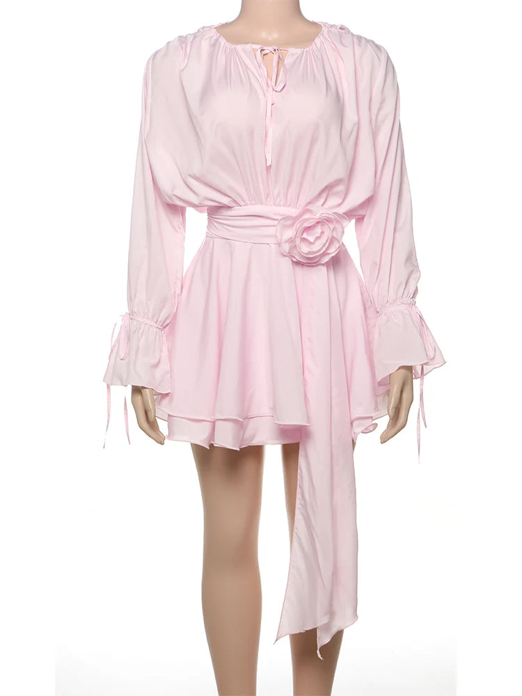 Weird Puss 3D Flower Decoration Dress Women Y2K Sweet Style Flare Sleeve Ruched Ribbon Vacation Fashion Elegant Mini Bodycon