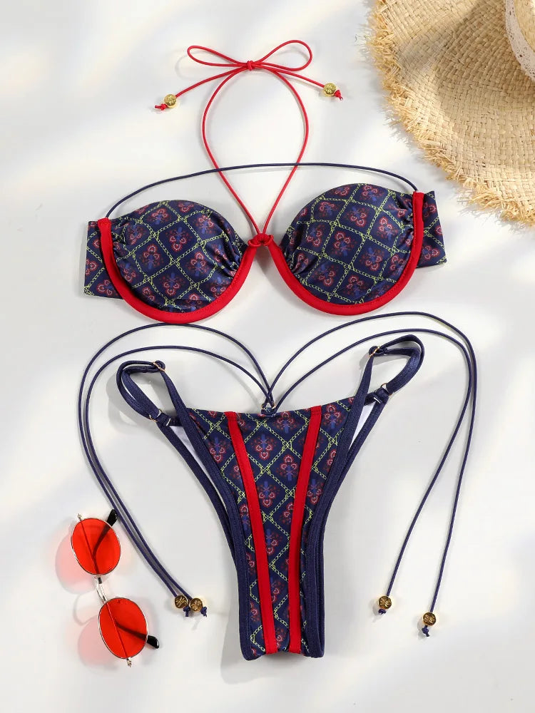 Sexy Border Bikinis Halter Bikini Sets Women Swimwear Push Up Swimsuit Cup Bathing Suits Thongs Biquinis Summer Beachwear