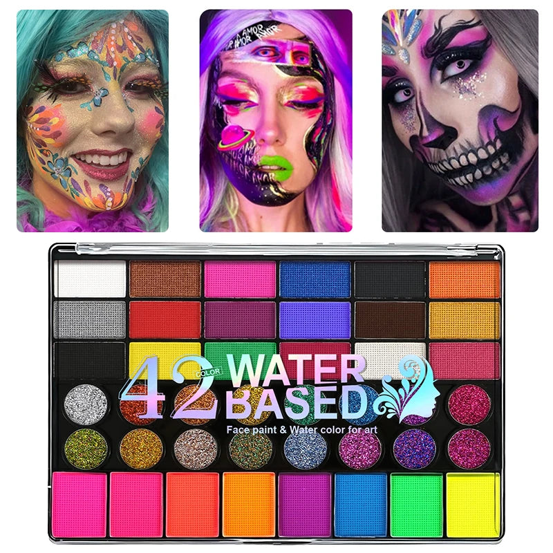 42-Colors Water-Based Face & Body Painting Kit,UV Neon Glitter Fluorescent Paint Makeup,Face Body Paint Art Festivals Halloween