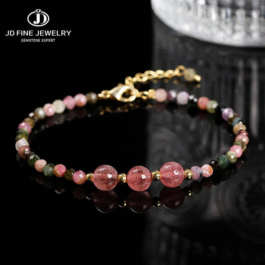 JD Natural Stone Faceted Rainbow Tourmaline Strawberry Quartz Bracelet Women Luxury Thin Adjustable Reiki Healing String Jewelry