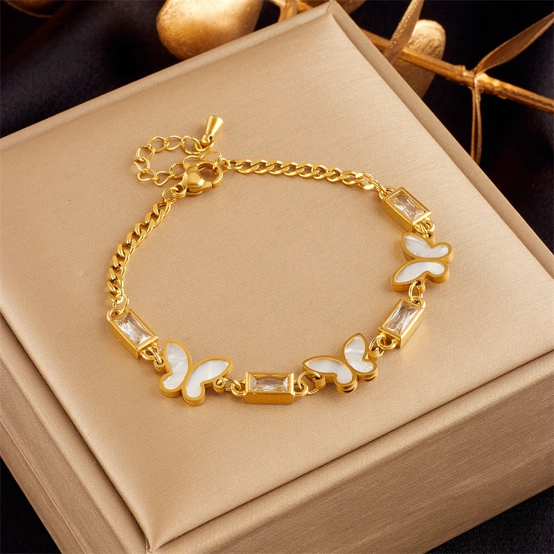 DIEYURO 316L Stainless Steel White Square Crystal Butterfly Charm Bracelet For Women New Fashion Girls Bangles Jewelry Gifts