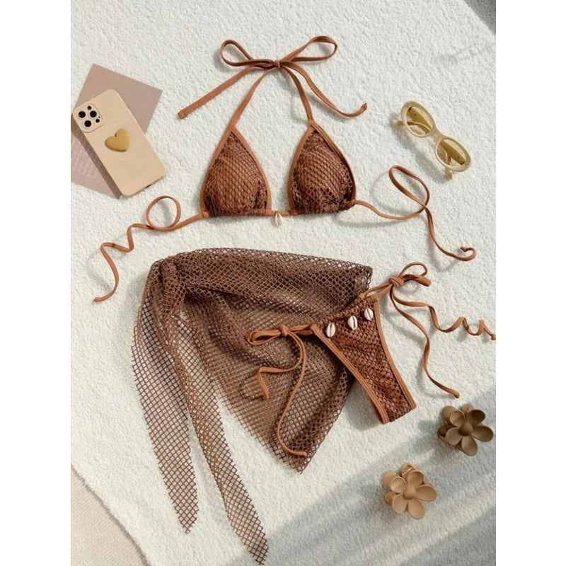 Sexy Bikinis Swimsuits Women 3 Piece Spliced Triangle Halter Backless Bikini Set Bandage Cover Up 2025 New Vacation Beachwear