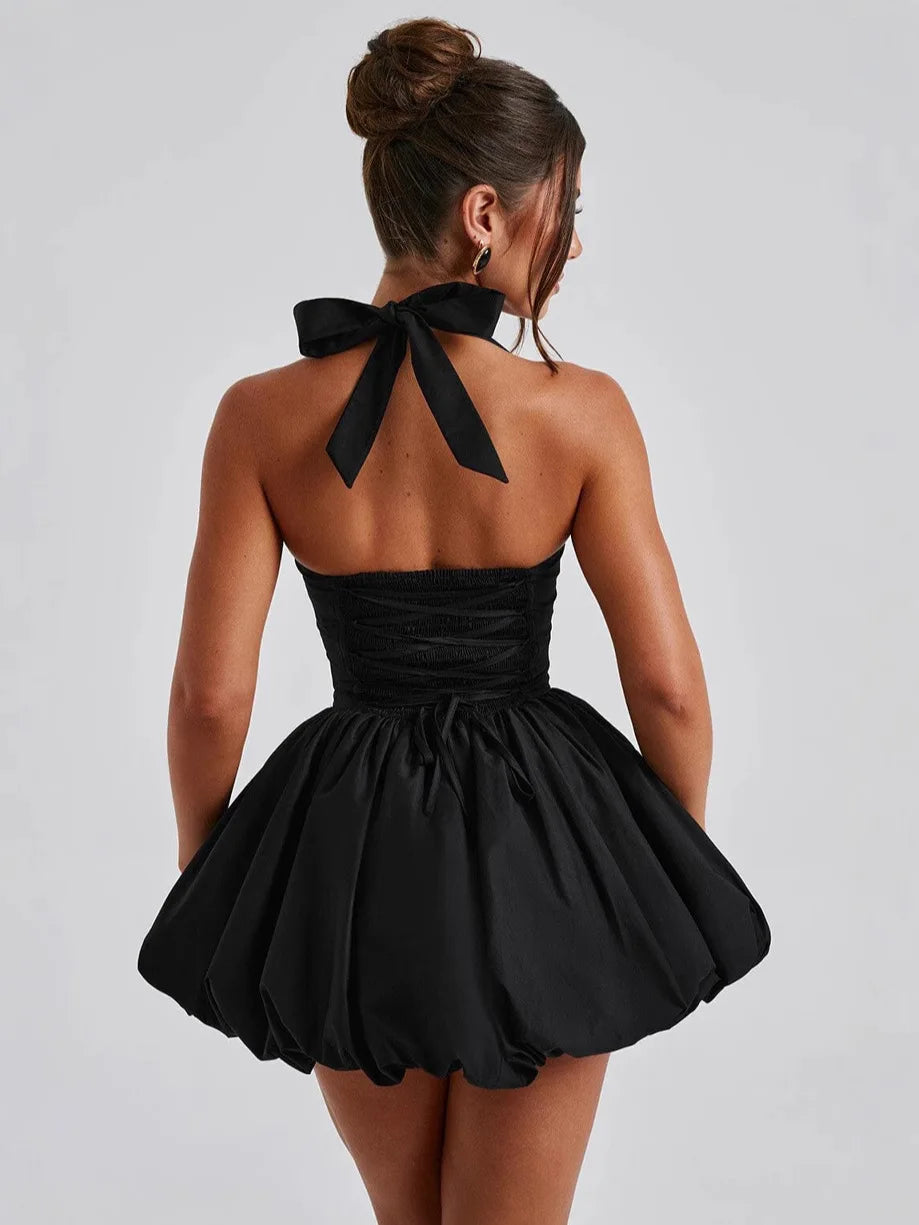 FSMG Sexy Solid Sleeveless Backless Halter Short Skirt Fashion Bow High Waist Slim A-line Dresses Summer Evening Party Vestidos