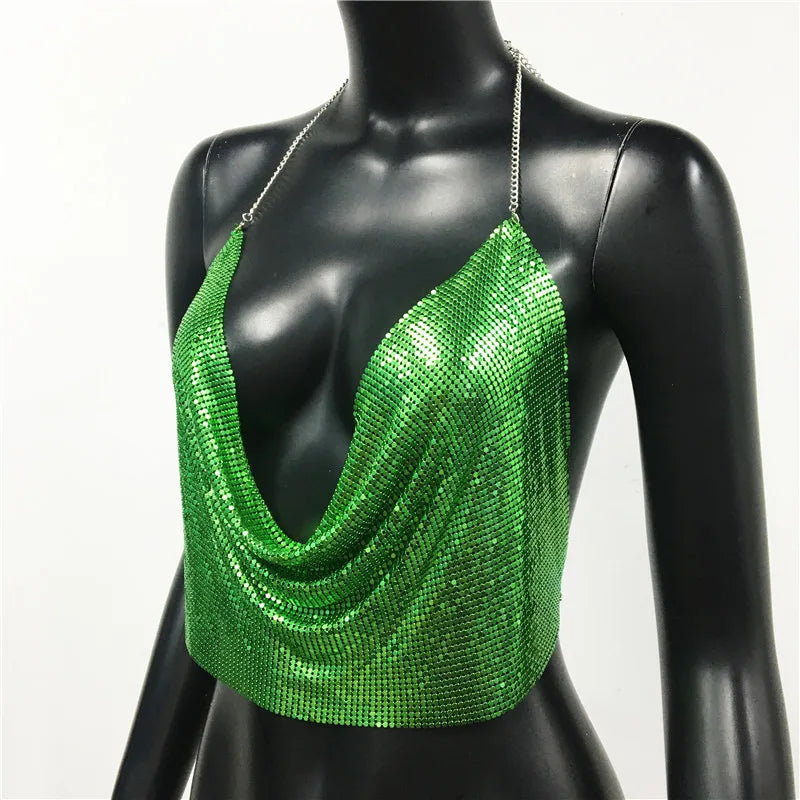 AKYZO Women 2023 Sexy Metal Sequined Tank Camis Summer Gold Silver Backless Cropped Glitter Beach Club Show Wear Tank Tops