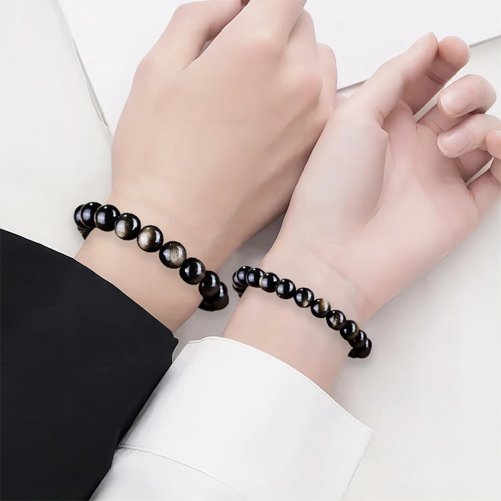 Couple Beaded Bracelet Natural Double Rainbow Obsidian Bead Bangle for Women Reiki Healing Loves Jewelry Valentine's Day Gift