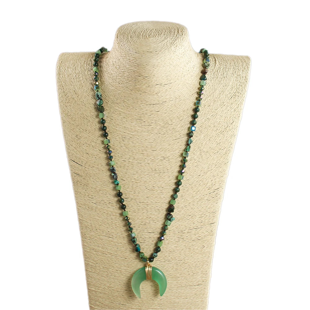 New Natural Crystal Aventurine Jade Agate Bull Horn Pendant 6mm Natural Stone Glass Knot Necklace Sweater Chain Women's Gift