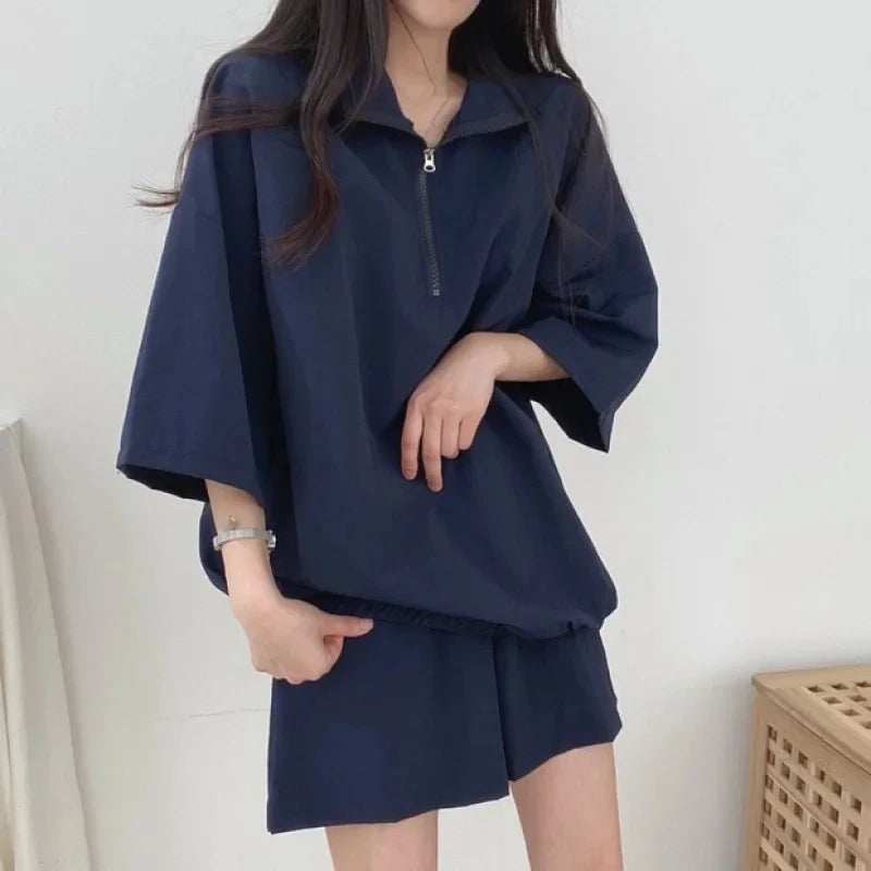 Korean Style Women's Summer Casual Sports Sun Protection Suit Two-Piece Set Workwear Jacket Shorts Polyester Fiber