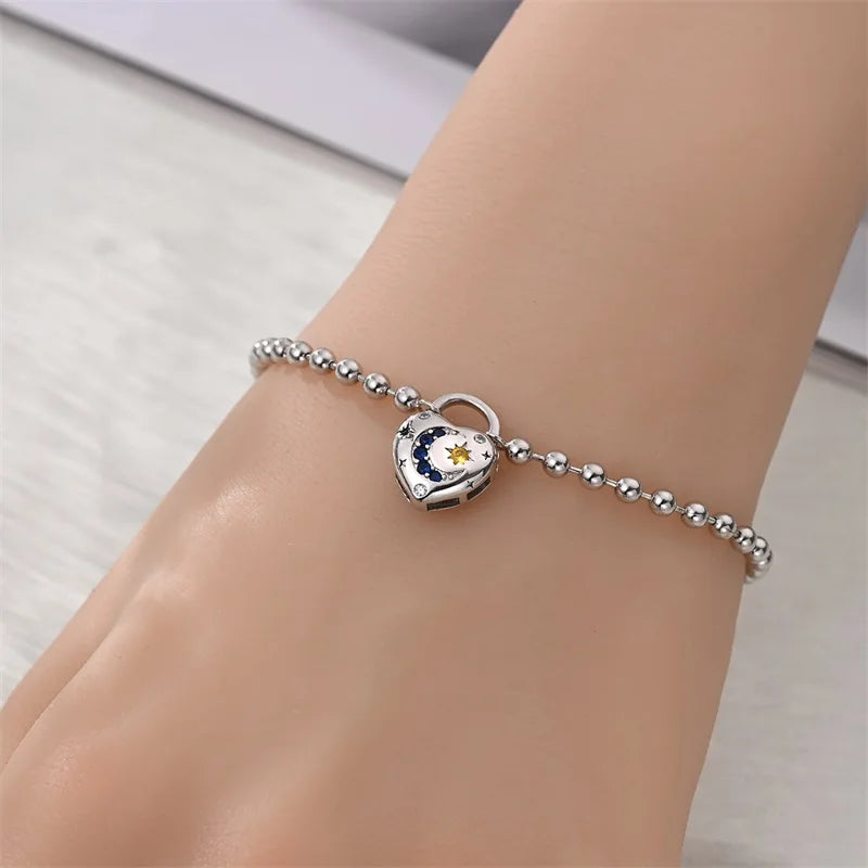 Original 17-20CM 925 Sterling Silver Heart Shaped Lock Star Moon Bracelet For Women Fine Anniversary Jewelry