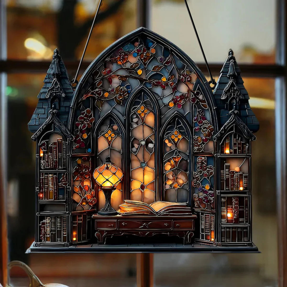 Halloween Gothic House Hanging Decor Acrylic Building Shape with Book & Lantern Design Window Pendant Art Wall Ornament for Home