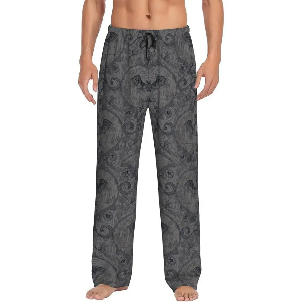 Custom Cute Spooky Halloween Bats Black And Purple Pajama Pants for Men Lounge Sleep Drawstring Sleepwear Bottoms with Pockets