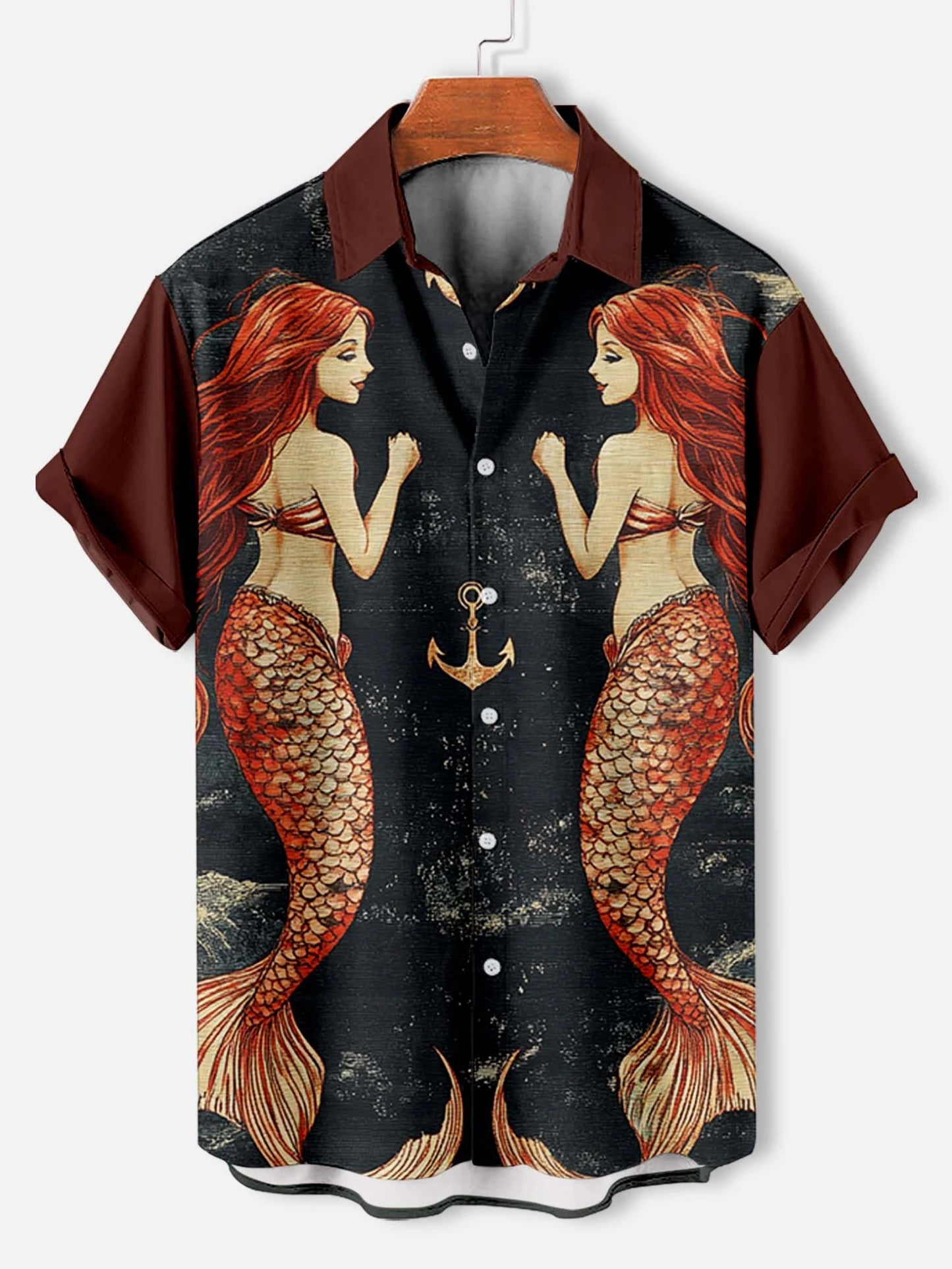 Retro Mermaid Pattern Men's Shirt Short Sleeve Shirts Button Down Lapel Shirts Oversized Tops Casual Hawaiian Shirt for Men