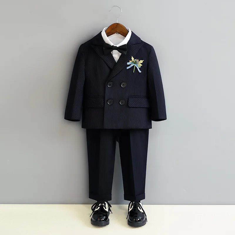Kids Ceremony Attire blue Fashion Stripe Piano Performance Tuxedo Boys Wedding Suit Formal Children School Uniform Blazer Set
