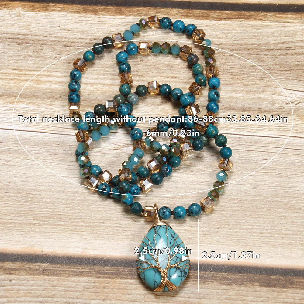 New Fashion Bohemian Spring Women Jewelry 6mm Natural Stone Knot Necklace Hand Wrapped Life Tree Stone Drop Pendant Necklace