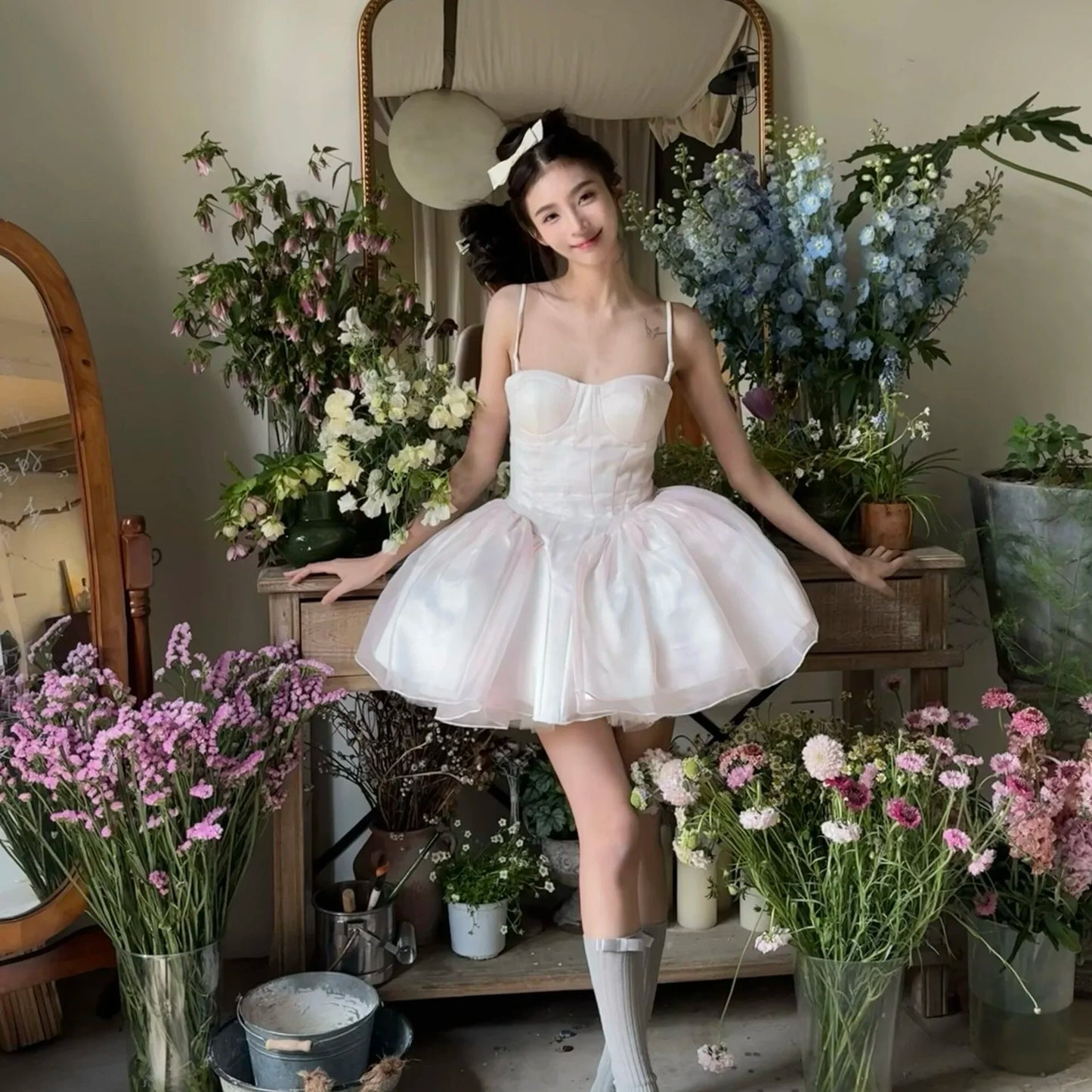 French Style Flower Wedding Dress Lolita Sweet Girl Women Fairy Tube Top Sling Dress with Long Cardigan Birthday Princess Dress