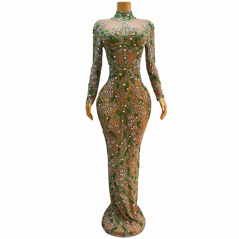 A stunning evening gown Long  Dress Birthday Celebrate Luxurious Costume Sparkly Big Rhinestone Dancer Flashing  party Dress