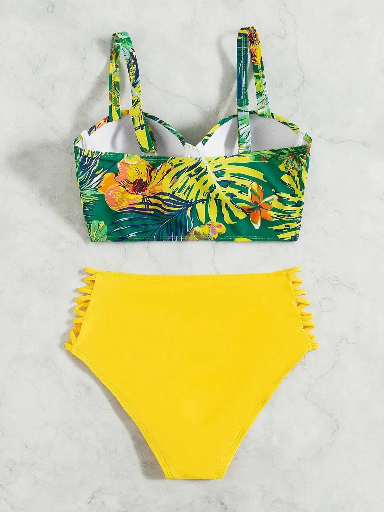 Cikini-Tropical Print Criss Cross Push Up Bikinis Set, High Waist Split Swimwear, Summer Swimsuit, Bathing Suit for Women, 2 Pcs