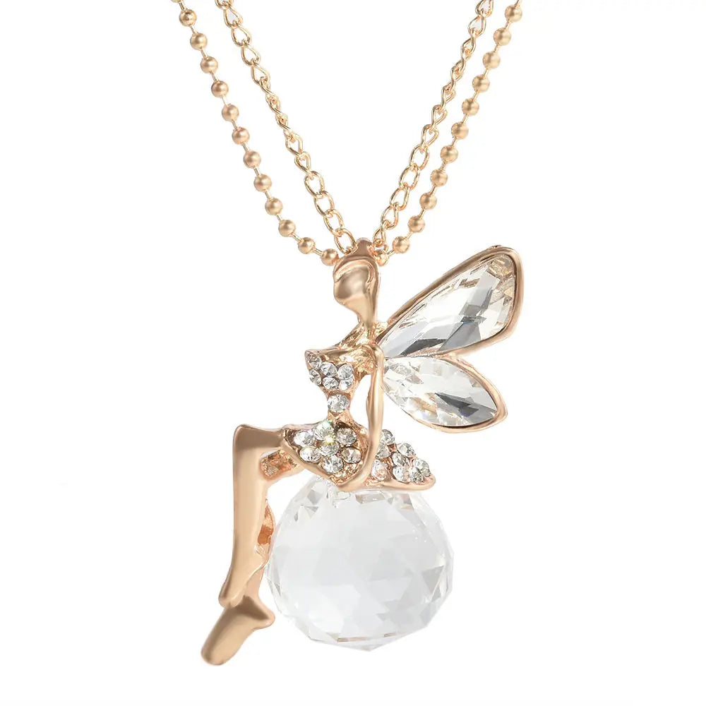 Elegant Charm Crystal Angel Wing Pendant Necklace Vintage Sweater Long Chain Butterfly Fairy Dangle Necklace Jewelry for Women