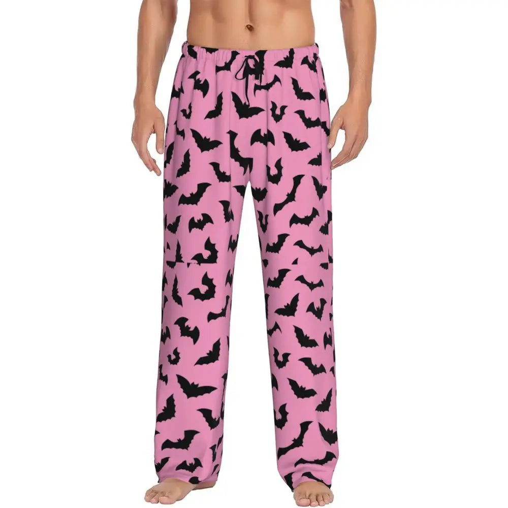 Custom Cute Spooky Halloween Bats Black And Purple Pajama Pants for Men Lounge Sleep Drawstring Sleepwear Bottoms with Pockets