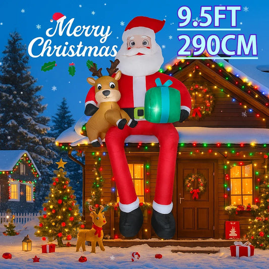9.5FT Inflatable Model Christmas Santa Claus Decoration Reindeer Ornament Christmas Gift LED Home Gifts Supplies Xmas Yard Decor