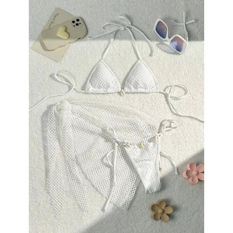 Sexy Bikinis Swimsuits Women 3 Piece Spliced Triangle Halter Backless Bikini Set Bandage Cover Up 2025 New Vacation Beachwear